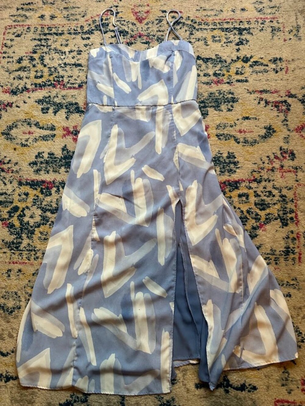 Abercrombie & Fitch Blue Abstract Watercolor High-Slit Midi Dress - XSP